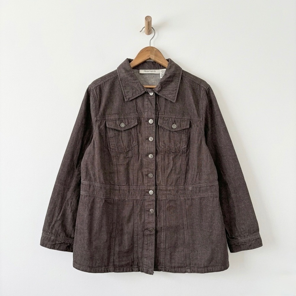 Roaman's Brown Cotton Utility Field Jacket Womens 16W Button Up Chore New Plus‎